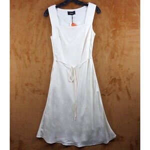 CIDER Fit Flare Dress Womens XS Ivory Satin Midi Belted Sleeveless Floral